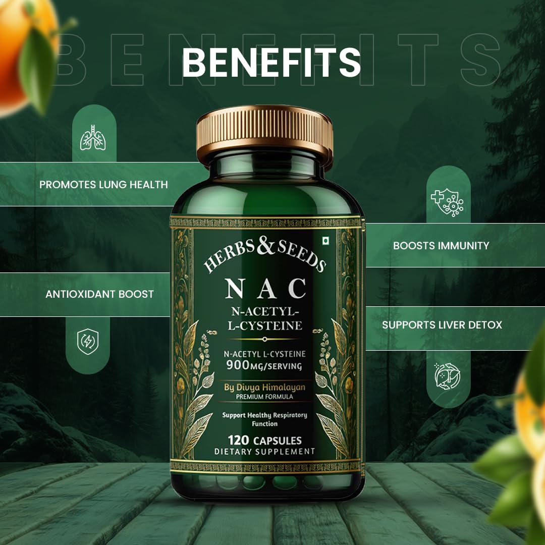 Herbs & Seeds NAC supplement bottle with benefits listed on a green background