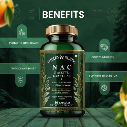 Herbs & Seeds NAC supplement bottle with benefits listed on a green background