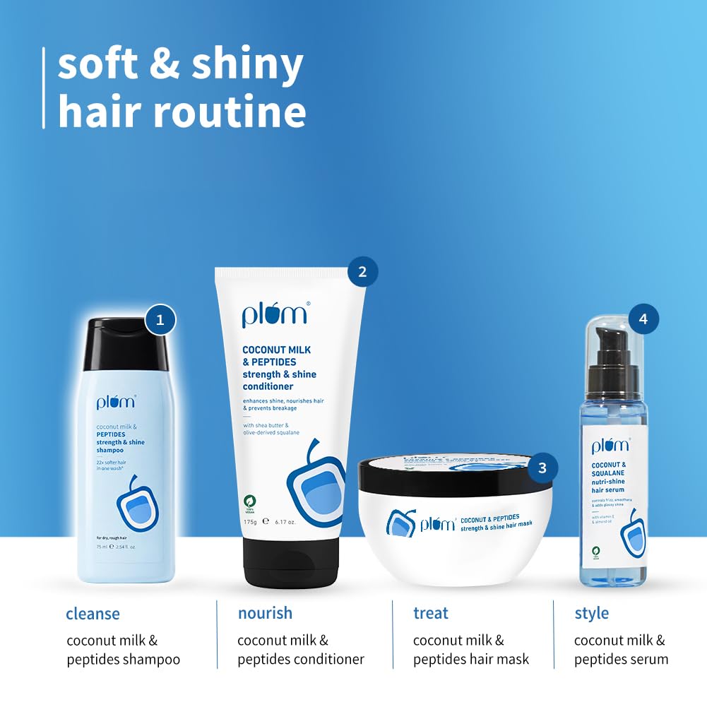 Plum Coconut Milk & Peptides Shampoo for Dry & Frizzy Hair | Provides 22X Shiny & Softer | Paraben-Free | Hair Shampoo for Women & Men | for Straight, Wavy & Rough Hair | pH Balanced | 75ml