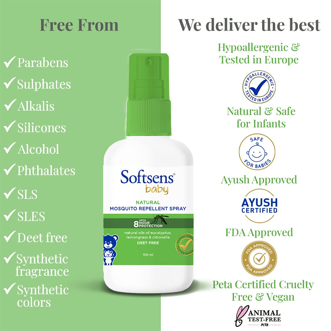 Softsens Baby Mosquito Repellent Spray 100ml – Natural Plant-Based Formula for up to 8-Hour Shield | DEET-Free & Non-Toxic Insect Repellent for Babies & Kids | Gentle on Sensitive Skin | Easy Spray Application & Travel-Friendly