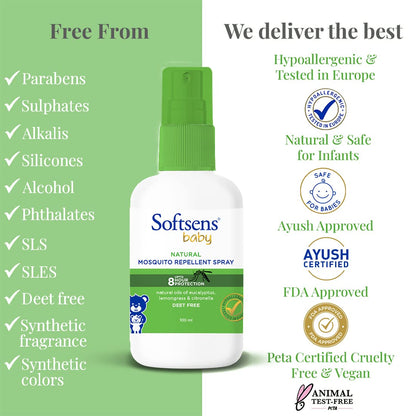 Softsens Baby Mosquito Repellent Spray 100ml – Natural Plant-Based Formula for up to 8-Hour Shield | DEET-Free & Non-Toxic Insect Repellent for Babies & Kids | Gentle on Sensitive Skin | Easy Spray Application & Travel-Friendly