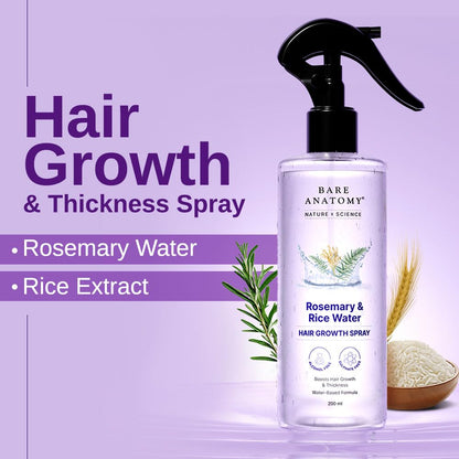 Bare Anatomy Nature X Science Rosemary Water Spray For Hair Growth & Thickness With Rice Water|100% Natural Extract|Soft & Smooth Hair|Controls Hairfall & Adds Shine|Non-Greasy & Fast Absorbing|200 Ml