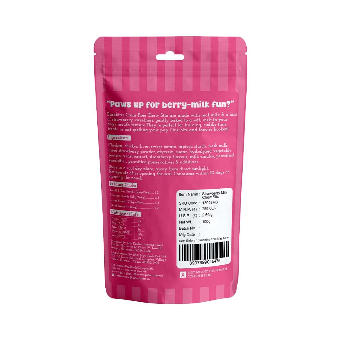 PETS EMPIRE BARKBITES Strawberry Milk Dog Chew Sticks | Soft Chewy Dog Treats | Grain-Free High Protein Training Snacks | Made with Real Milk & Chicken | Healthy Treat for Puppies & Dogs | 100g