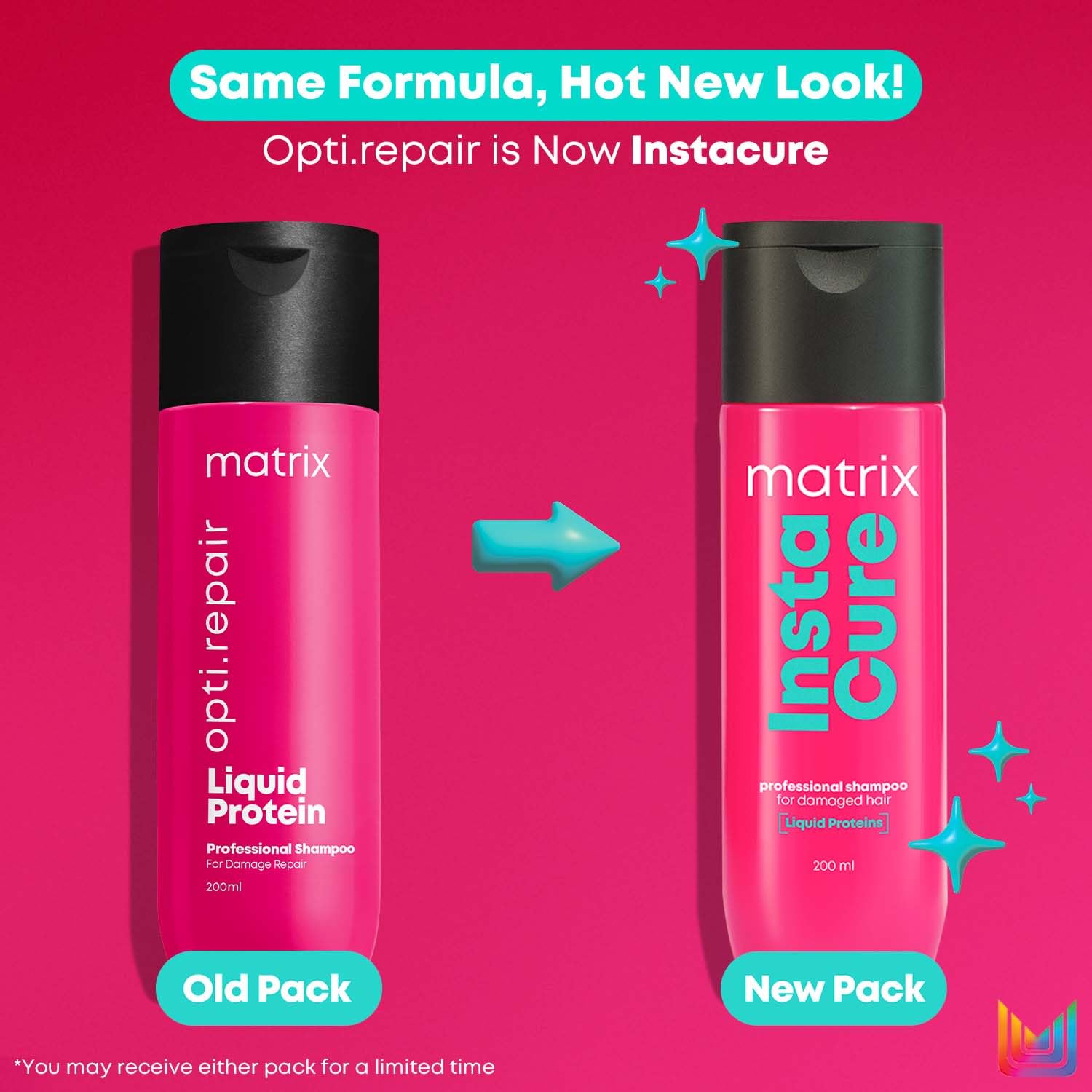 Comparison of Matrix Opti.Repair and Insta.Cure shampoo bottles with text on a pink background