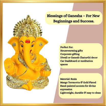 Gold Art India Gold Plated Ganesha with Mango Terracotta Work - 3.5 Inch Height for Home Decor/Office Desk/Car Dashboard (MukutMangoGold)