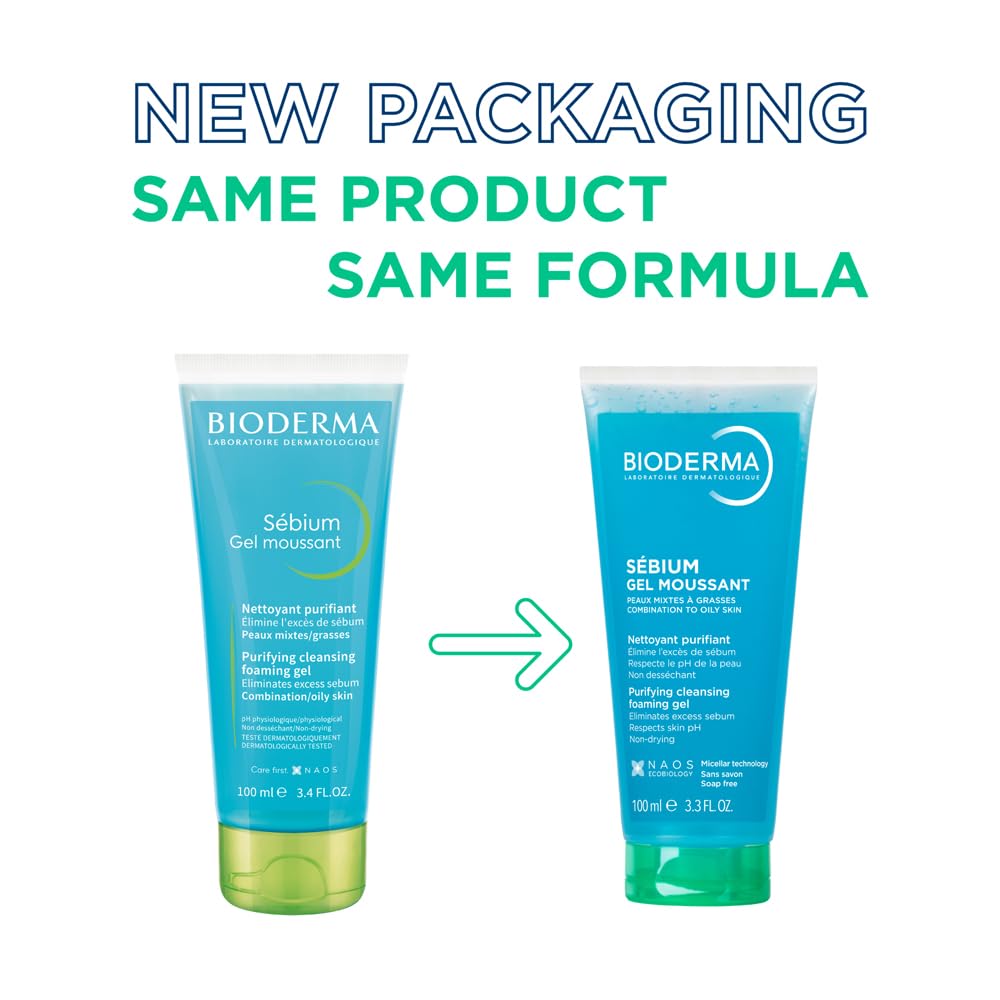 Two Bioderma cleansing gels with a green arrow pointing from old packaging to new packaging on a white background.