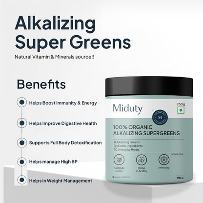 Zephivo Miduty Palak Notes 100% Organic Super Greens Powder Alkalizing with Wheat Grass, Spirulina, Green Tea, and Moringa Leaves - Ultimate Body Detox & Weight Loss Support - 250 grams