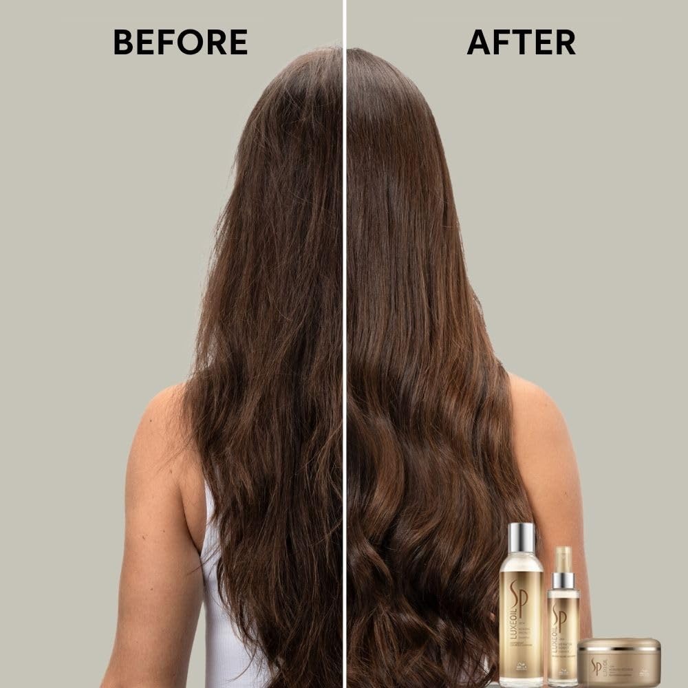 Before and after comparison of hair with SP hair care products displayed.