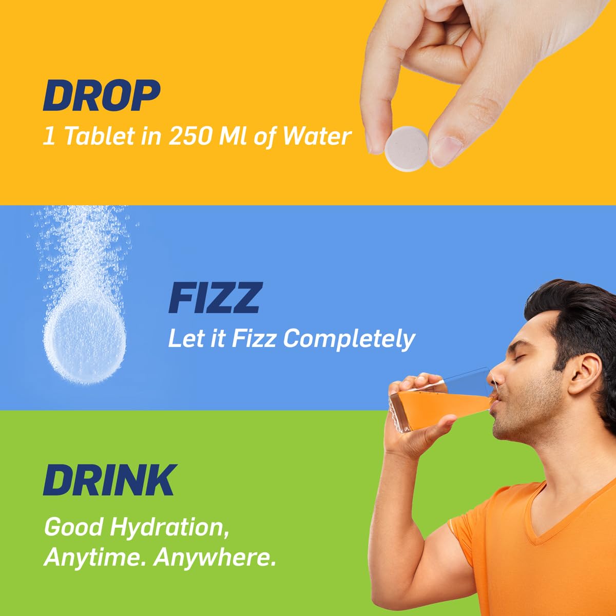 Product usage guide with a hand dropping a tablet, fizzing in water, and a person drinking from a cup.