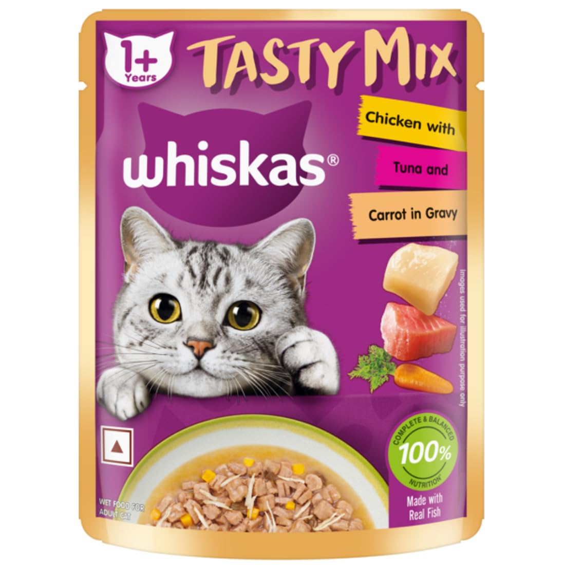 Whiskas Tasty Mix Adult (1+ Year) Wet Cat Food, Chicken with Tuna and Carrot in Gravy, 70 g, Cat Food Made with Real Fish, Complete & Balanced Nutrition for Adult Cats