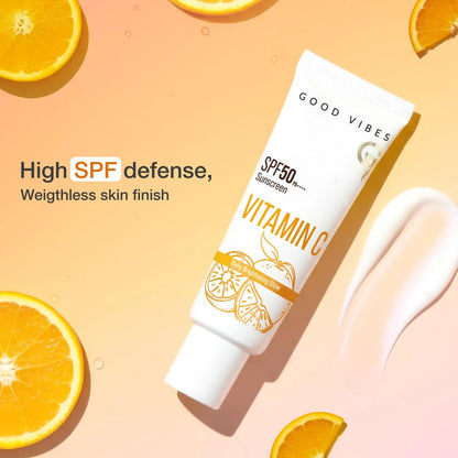Good Vibes Vitamin C SPF 50 PA++++ Sunscreen | Brightening & Hydrating | 3% Niacinamide + Hyaluronic Acid | No White Cast, Lightweight & Non-Sticky | Daily Glow Sun Protection For All Skin Types – 50 gm