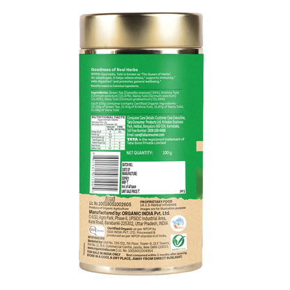 A TATA Product - Organic India Tulsi Green Tea Classic Loose Leaves - 100g, Stress Relieving, Uplifts Mood, Rich in Antioxidants, Blend of Rama, Krishna & Vana, Certified Organic