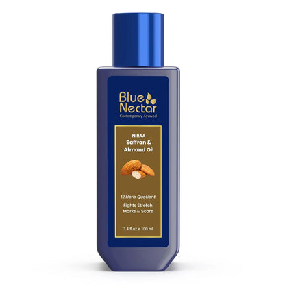 Blue Nectar Saffron & Almond Oil for Stretch Marks for Pregnant Women | Visibly Reduces Marks, Hydrates Skin & Improves Elasticity | 100% Natural & Safe (12 Herbs, 100ml)