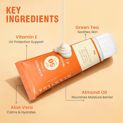Glamveda Hybrid Sunscreen Lotion Spf 50 PA+++ for Moisturize & Protect | Transparent & Ultra-lightweight Sunscreen | Non-Greasy, Quick-Absorbing | Zero White Cast | For Women & Men | 60ml Pack of 1