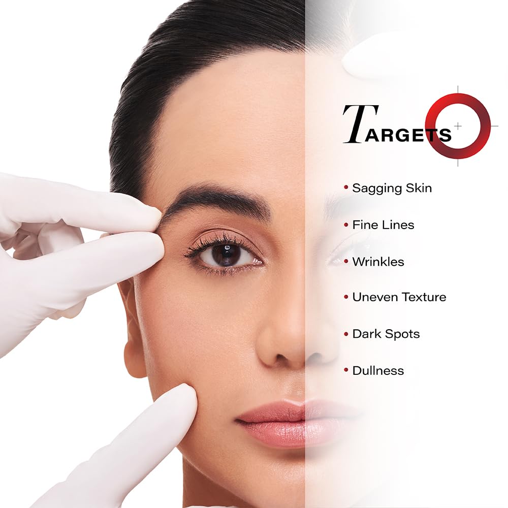 Woman's face with a gloved hand pointing to her eye, alongside 'TARGETS' brand logo and skin concerns listed.