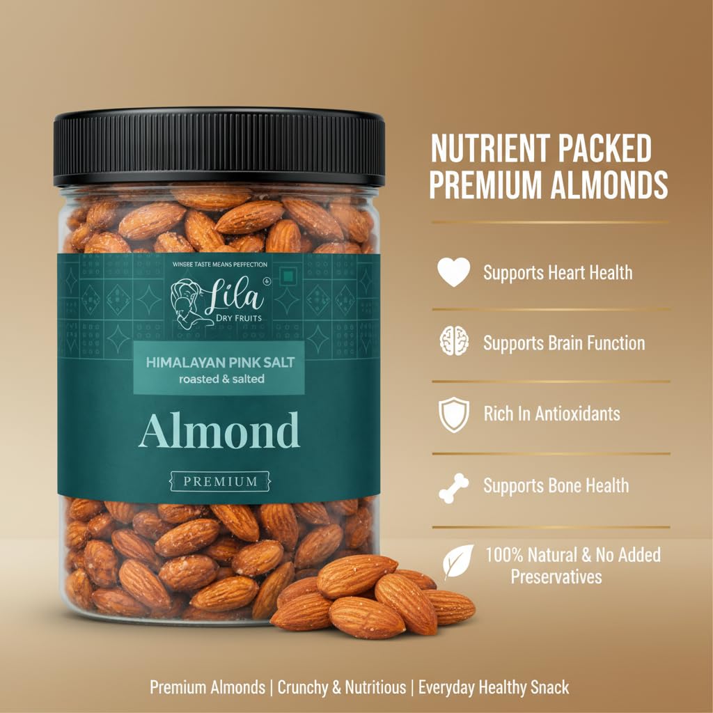 LILA DRY FRUITS Roasted Almonds 100 gms Himalayan Pink Salt Flavour | Crunchy Salted Badam Snack Protein Rich Roasted Nuts | Badaam Healthy Evening Snack for Daily Snacking Perfect for Gifting