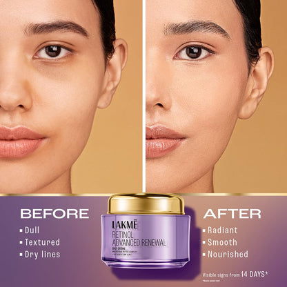 Before and after comparison of a woman's face with Lakme cream, showing improvements in skin texture and smoothness.
