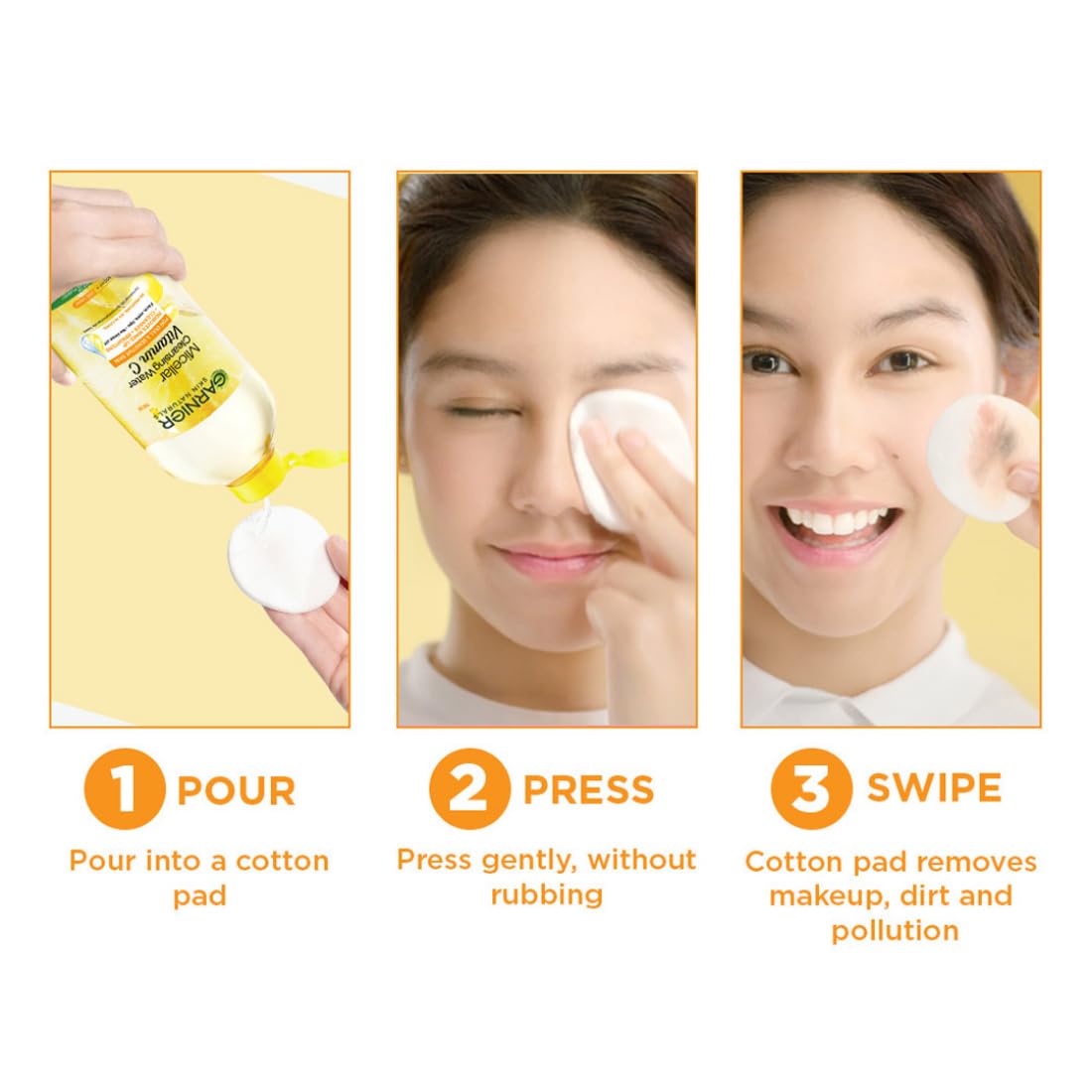 Step-by-step guide on using a cotton pad with a cleaning solution, showing pouring, pressing, and swiping actions.