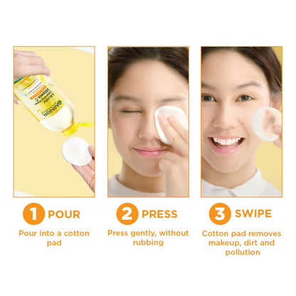 Step-by-step guide on using a cotton pad with a cleaning solution, showing pouring, pressing, and swiping actions.