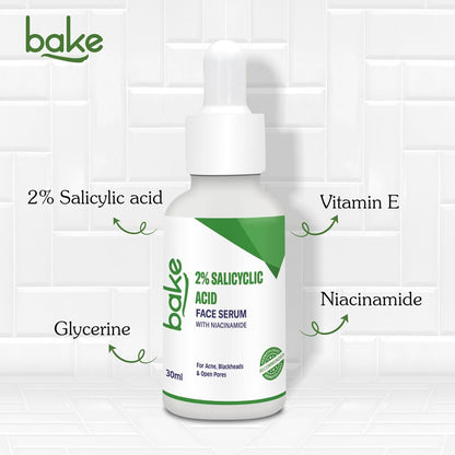 BAKE 2% Salicylic Acid Face Serum for Active Acne, Blackheads & Whiteheads with Niacinamide | Fades Acne Marks, Controls Sebum Production | For Women & Men | 30ml