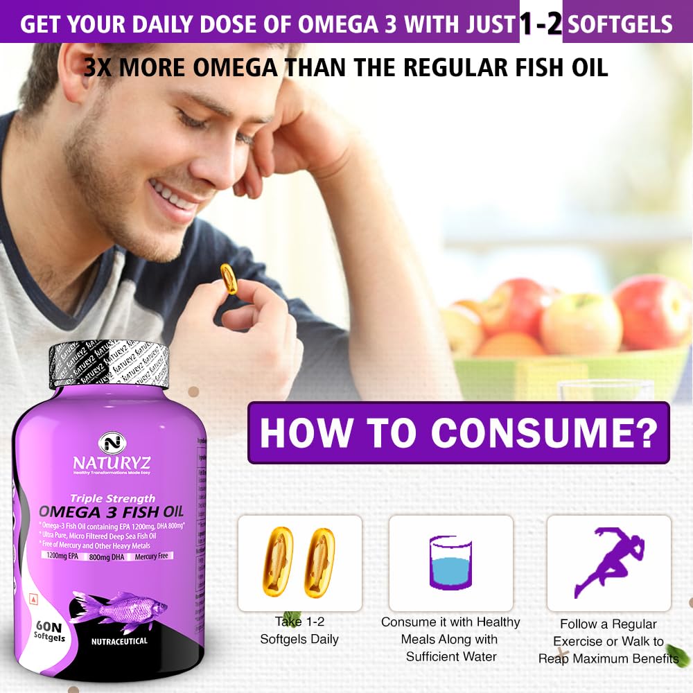 Advertisement for Naturyz Omega 3 Fish Oil with a man taking a supplement and text about omega 3 benefits.