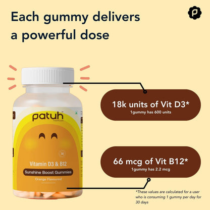 PATUH HEALTHCARE Vitamin D3 & B12 Gummies | 100% Vegetarian Formula | Sugar-Free Energy & Immunity Support Gummies for Men and Women | Orange Flavour Vegan Supplement | Pack of 1