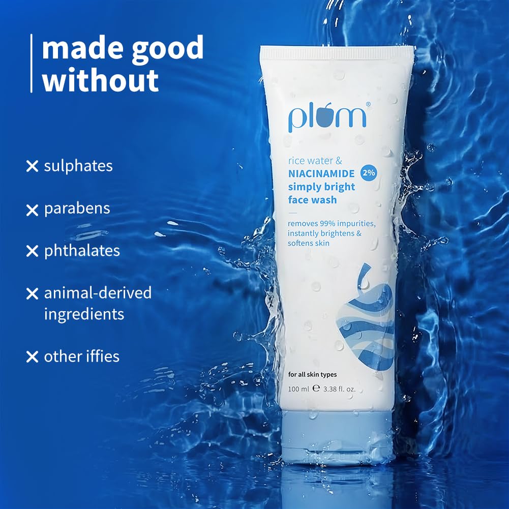 Plum 2% Niacinamide & Rice Water Face Wash 100ml | Hydrates & Brightens Skin | Softens & Smoothens Skin | Gentle & Non-Drying | Gently Cleanses 99% pore clogging impurities | Women & Men |