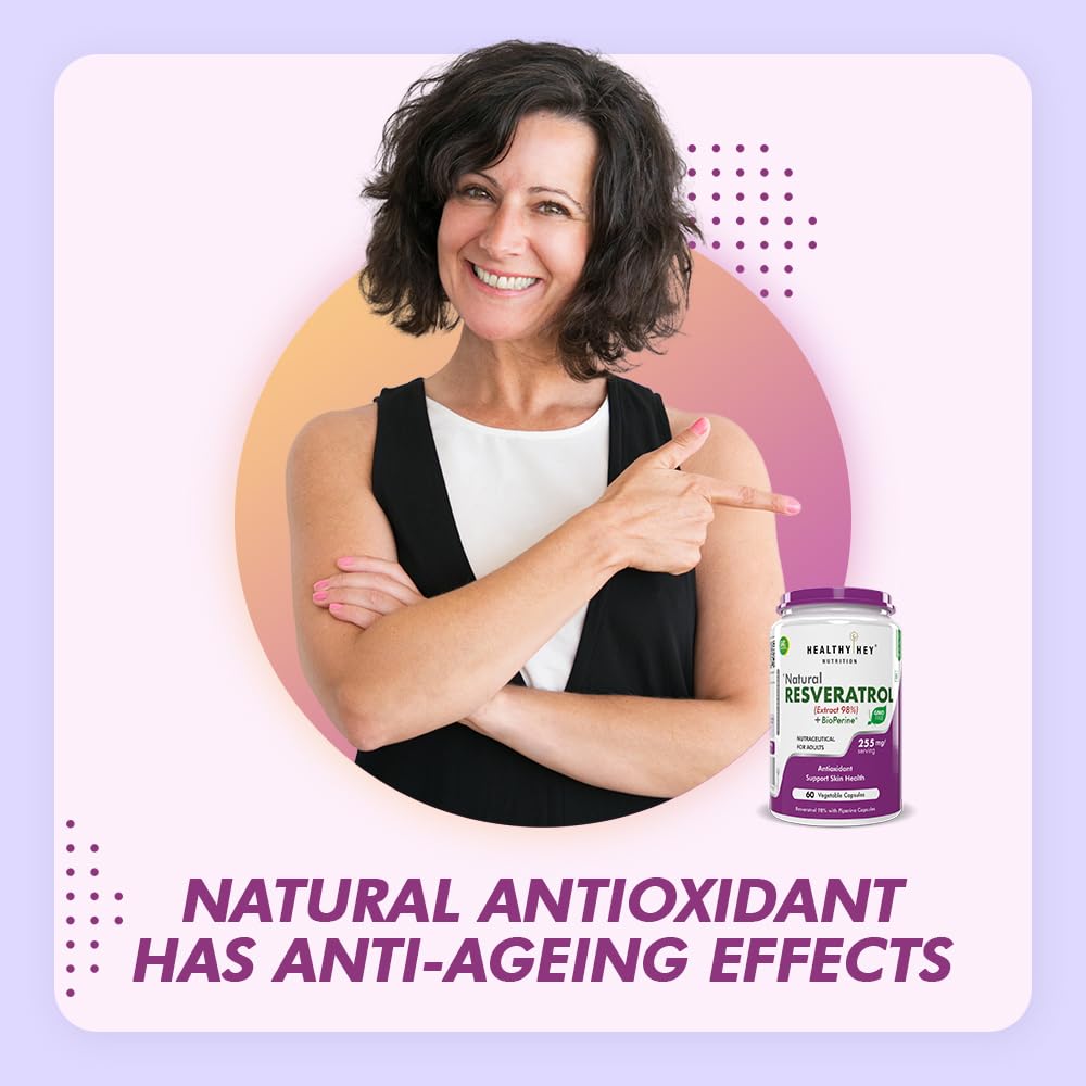 Woman pointing to a bottle of Healthy Key Resveratrol with text about natural antioxidants on a light purple background