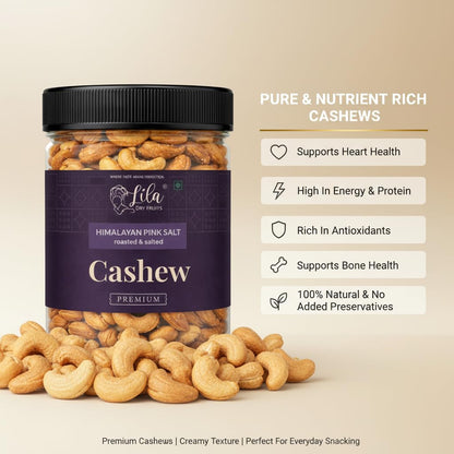 LILA DRY FRUITS Roasted Cashew Nuts Himalayan Pink Salt Flavour | Premium Crunchy Salted Kaju Snack Protein Rich Roasted Dry Fruits Healthy Namkeen Snack for Daily Munching Perfect for Gifting