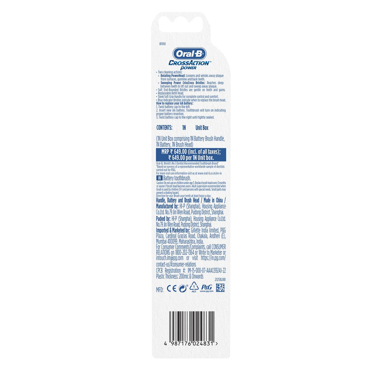 Oral B Cross Action AA Battery Electric Toothbrush for Adults, 90 Day Battery, 2 Year Warranty by Oral-B, IPX7 Water Resistant, Soft Crisscross Bristles (Blue, 1)