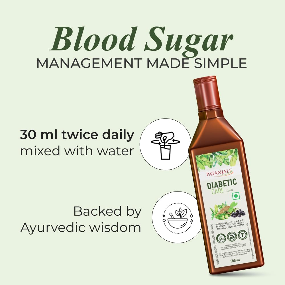Patanjali Diabetic Care Liquid | Ayurvedic Diabetes Supplement with Karela, Jamun & Giloy | Plant-Based | 500ml