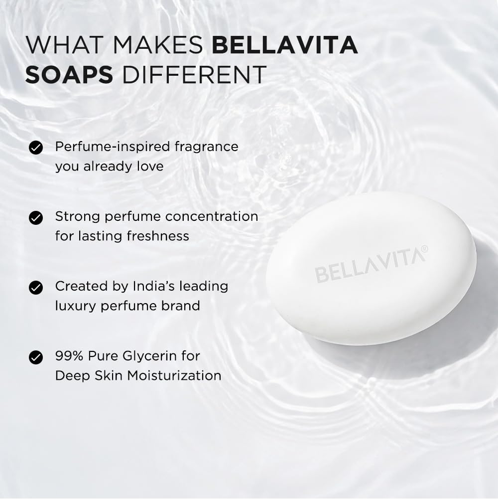 Bellavita soap with features listed on a white background