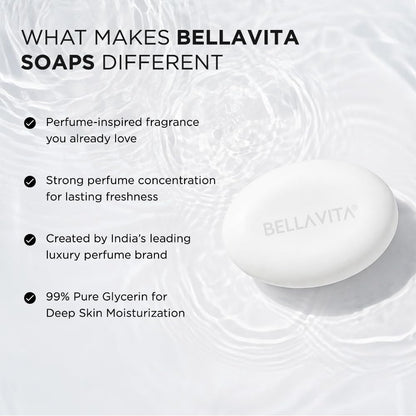 Bellavita soap with features listed on a white background