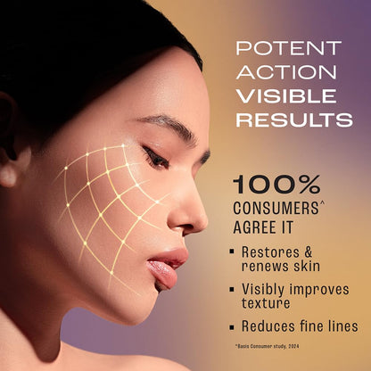 Advertisement for a skincare product with a woman's face and text about potent action and visible results.