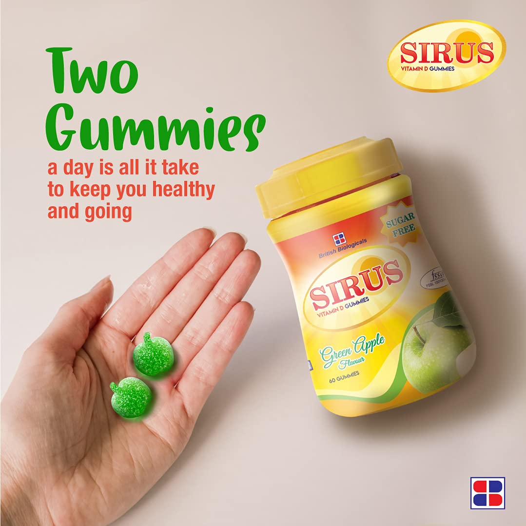 Sirus gummy vitamins with a hand holding two green gummies on a beige background