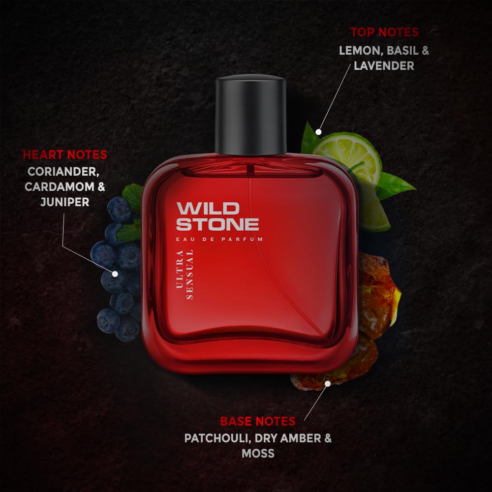 Red Wild Stone perfume bottle with flavor notes on a dark background