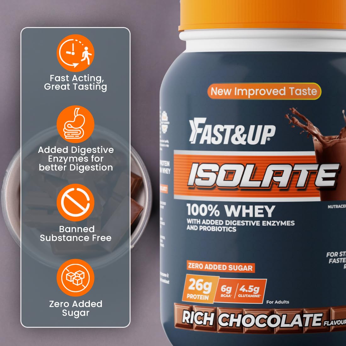 Fast&Up 100% Pure European Whey Protein Isolate, Ultralow Carbs | 30 Servings | 26g Protein per serve | Low Lactose & Gluten Free | Fast Acting, No Bloating - Rich Chocolate Flavour