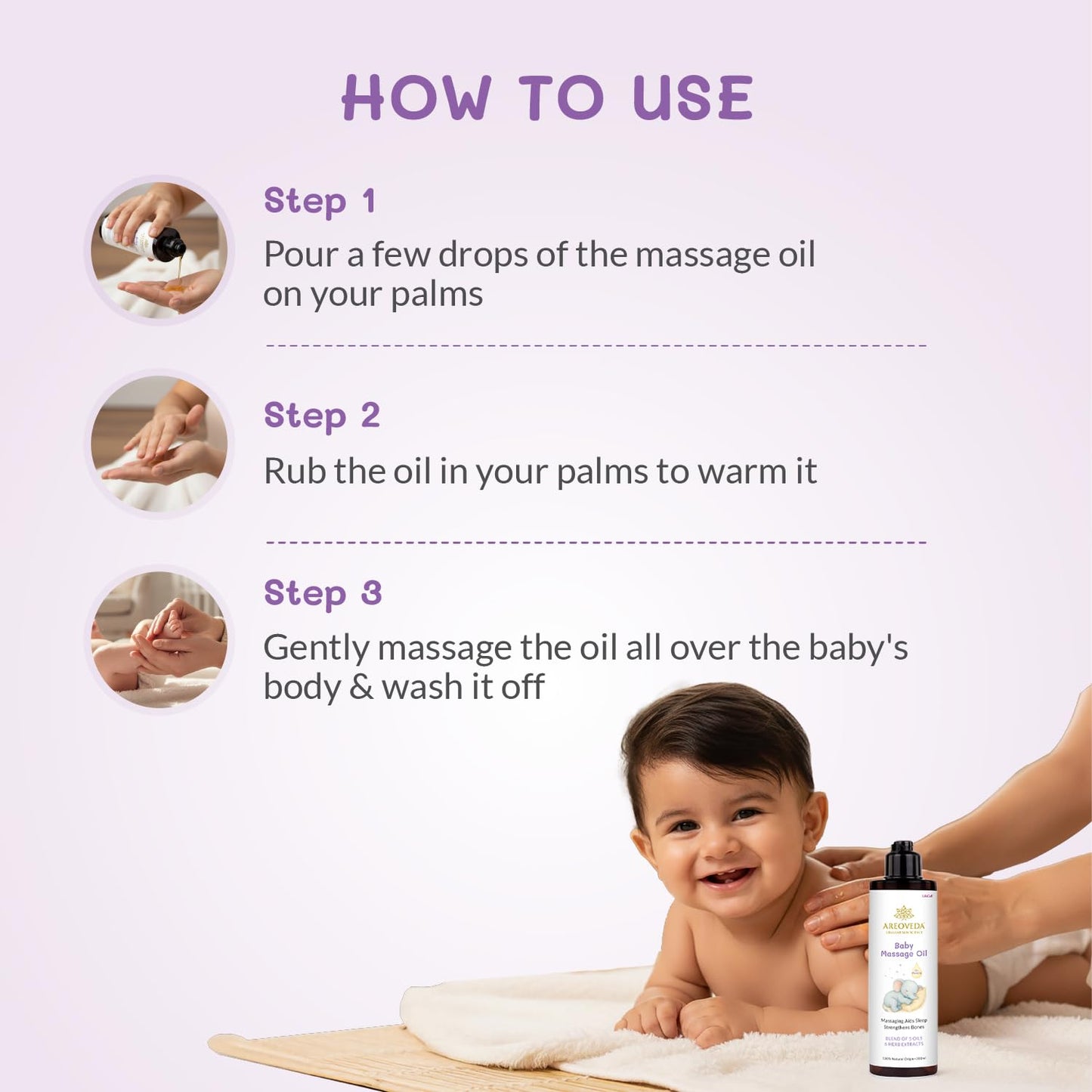 AreoVeda 100% Organic Cold-Pressed Baby Massage Oil for Babies & Toddlers (200ml) | With Almond (Badam) & Sesame Oils | Non-Sticky & Quick-Absorbing | Massage Strengthens Bones, Aids Sleep