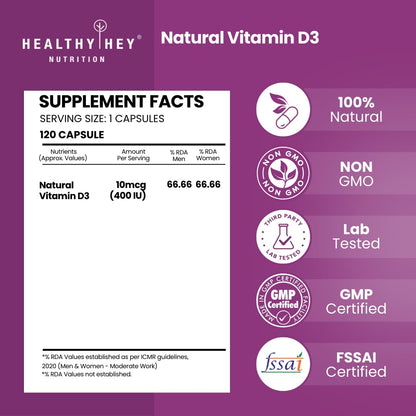 Healthy Hey Nutrition Natural Vitamin D3 supplement label on a purple background