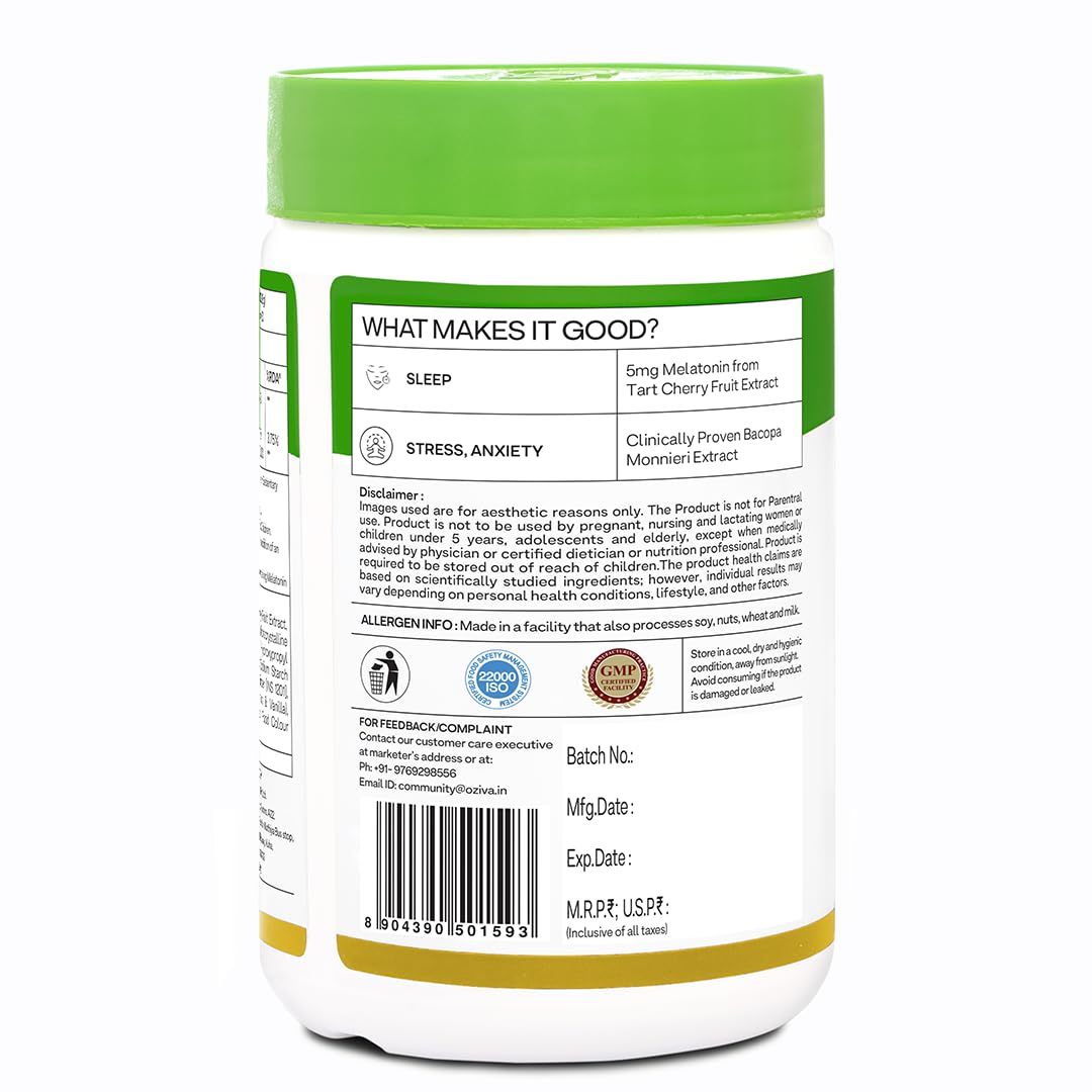 Oziva Magnesium Melatonin For Stress, Anxiety & Sleep | With Bacopa Monnieri Extract | Non-Addictive, Non-Habit Forming | 60 Vegetarian Tablets