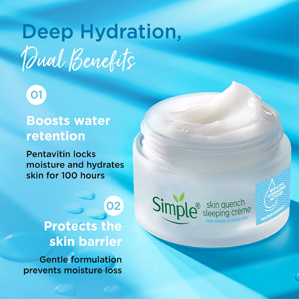 Simple skin quench sleeping crème jar with blue background and text highlighting benefits
