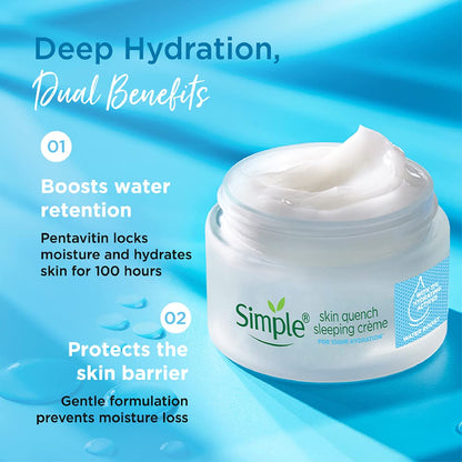 Simple skin quench sleeping crème jar with blue background and text highlighting benefits