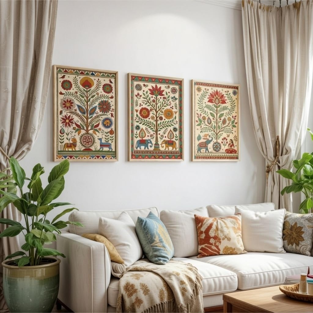 Indian Folk Art Floral Wall Painting Set of 3 with Wooden Frames | Traditional Ethnic Artwork HD Sparkle Laminated MDF Wall Decor | Boho Botanical Wall Art for Living Room Bedroom Décor