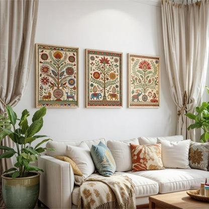 Indian Folk Art Floral Wall Painting Set of 3 with Wooden Frames | Traditional Ethnic Artwork HD Sparkle Laminated MDF Wall Decor | Boho Botanical Wall Art for Living Room Bedroom Décor