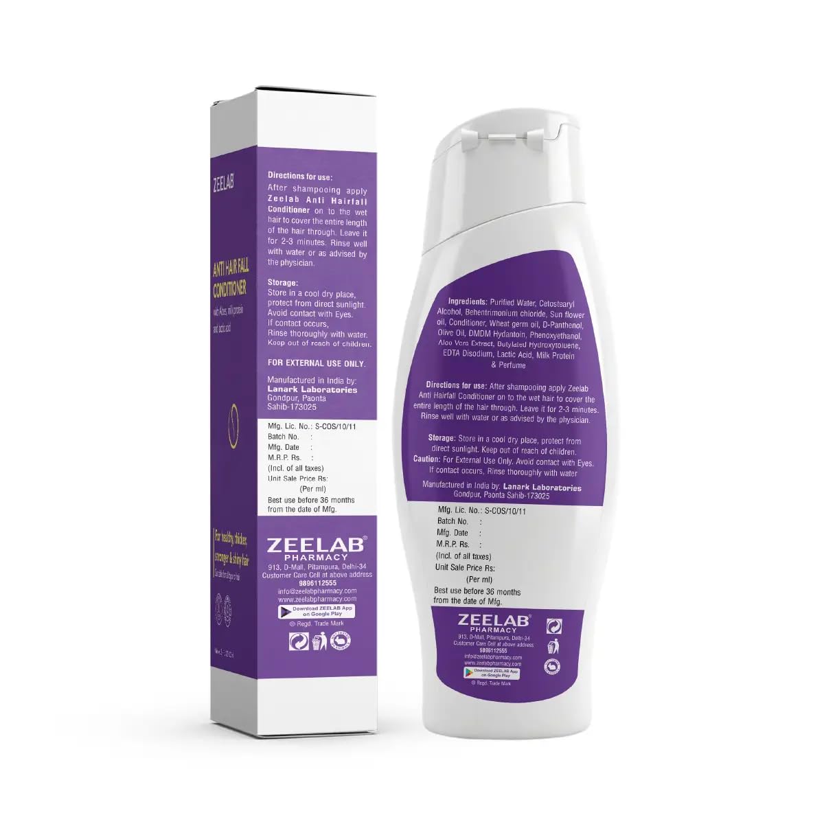 Zeelab shampoo bottle and box with purple labels on a white background