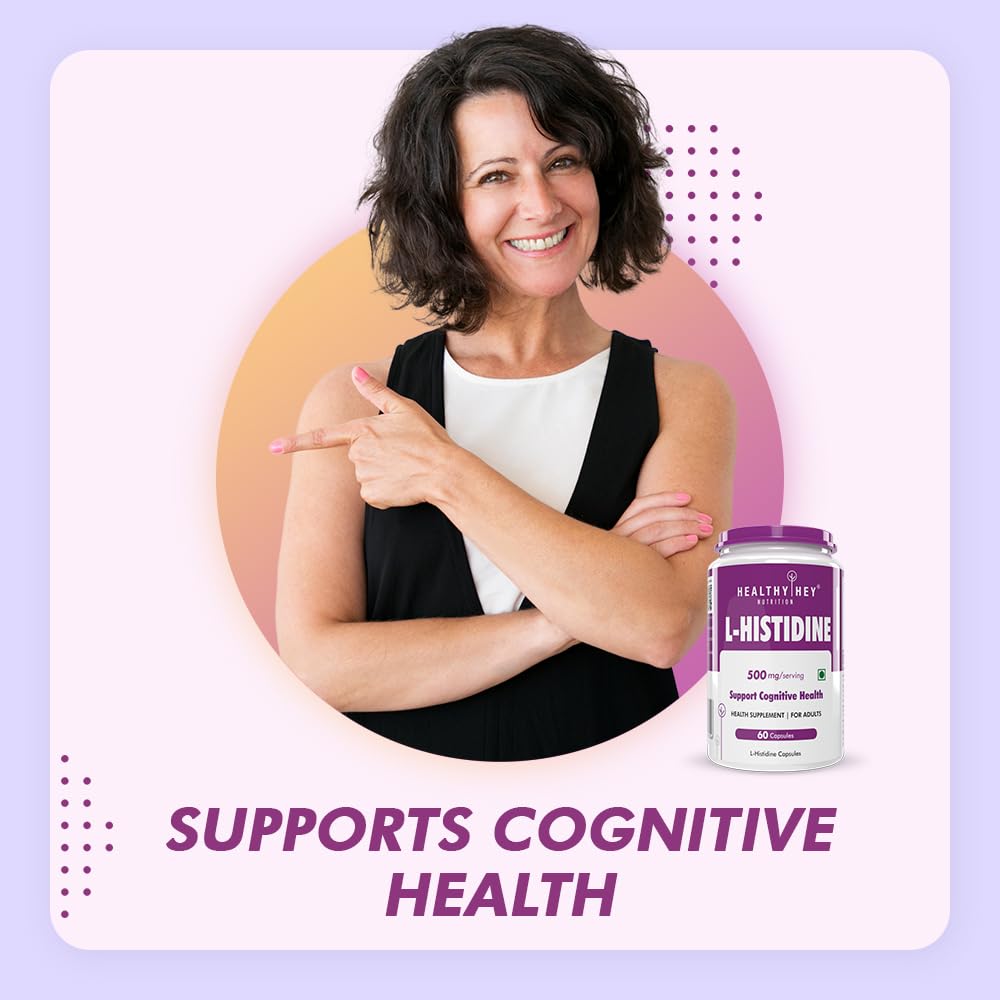Woman pointing to a bottle of Healthy Nest L-Histidine supplement with text 'Supports Cognitive Health' on a light purple background.