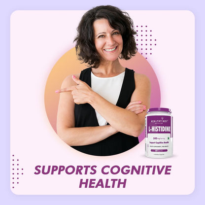 Woman pointing to a bottle of Healthy Nest L-Histidine supplement with text 'Supports Cognitive Health' on a light purple background.