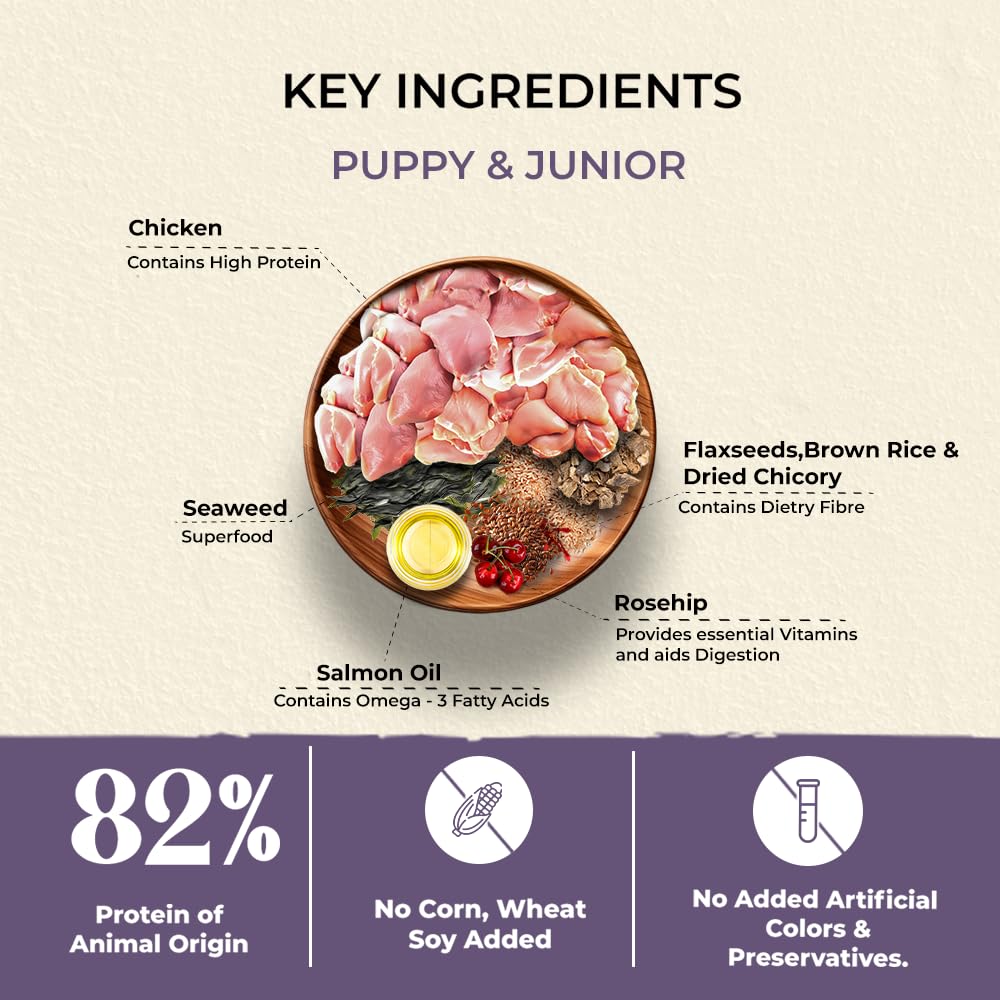 Brunos Dry Dog Food Puppy & Junior 250g (Pack of 1) | Chicken Formula with Salmon Oil & Herbs | 26% Protein & 16% Fat | for Growing Puppies of All Breeds | Supports Growth, Digestion & Bone Health