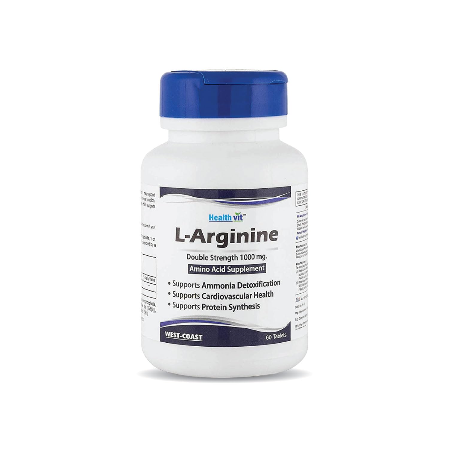 Supplement bottle labeled 'L-Arginine' on a white background