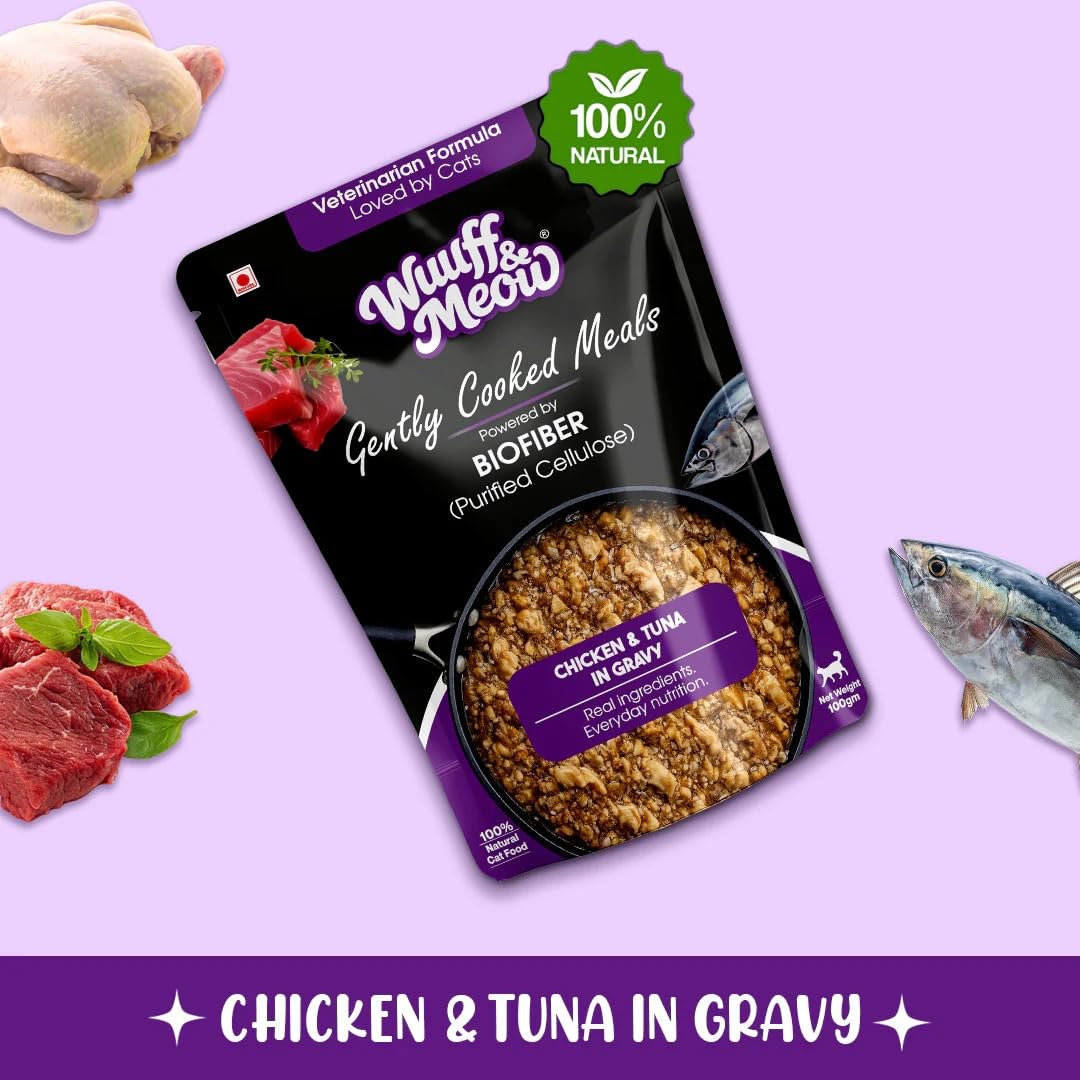 Wuuff&Meow Chicken & Tuna Wet Cat Food in Gravy for Adult & Kittens | Gently Cooked High Protein Cat Food | Zero Preservatives Powered BY BIOFIBER™ with Arbocel® for Digestion (100 g (Pack of 1))